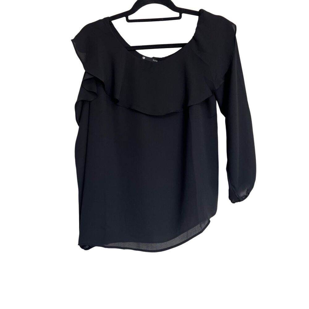 Revolve Krisa Top Womens Medium Black Ruffle Off One Shoulder‎ Long Sleeve